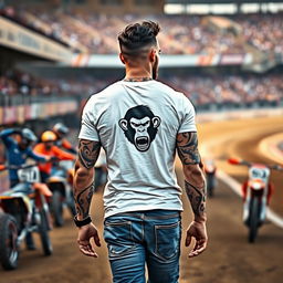 A stunning man walking confidently on a motocross racetrack near the pits during an intense race