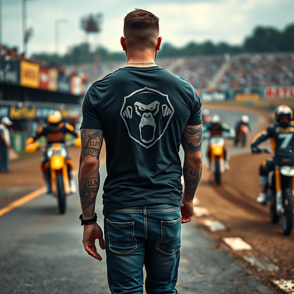 A stunning man walking confidently on a motocross racetrack near the pits during an intense race