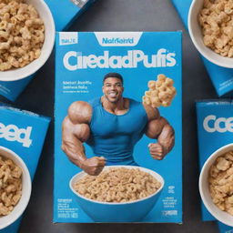 A blue cereal box showcasing an image of a muscular person as a mascot. In the center, there's a bowl filled with the cereal. The cereal is labeled as 'Protein Puffs'.