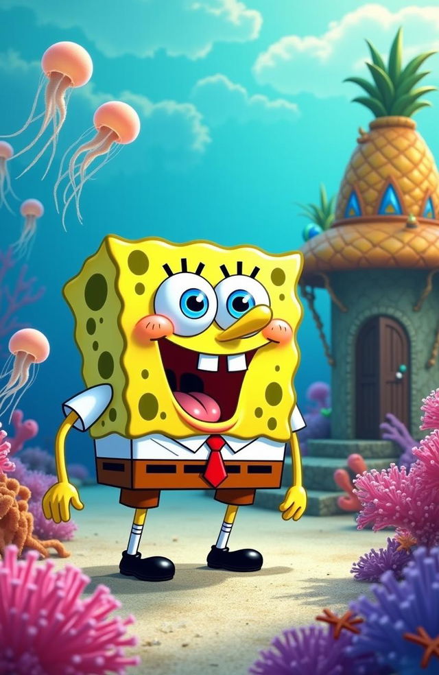 SpongeBob SquarePants standing joyfully in Bikini Bottom, surrounded by colorful coral reefs and jellyfish