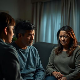 A family room setting within a home, depicting an emotional scene where an individual is speaking harshly or ignoring their parents