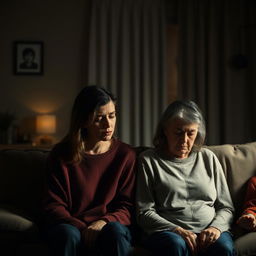 A family room setting within a home, depicting an emotional scene where an individual is speaking harshly or ignoring their parents