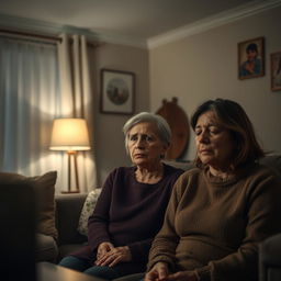 A family room setting within a home, depicting an emotional scene where an individual is speaking harshly or ignoring their parents