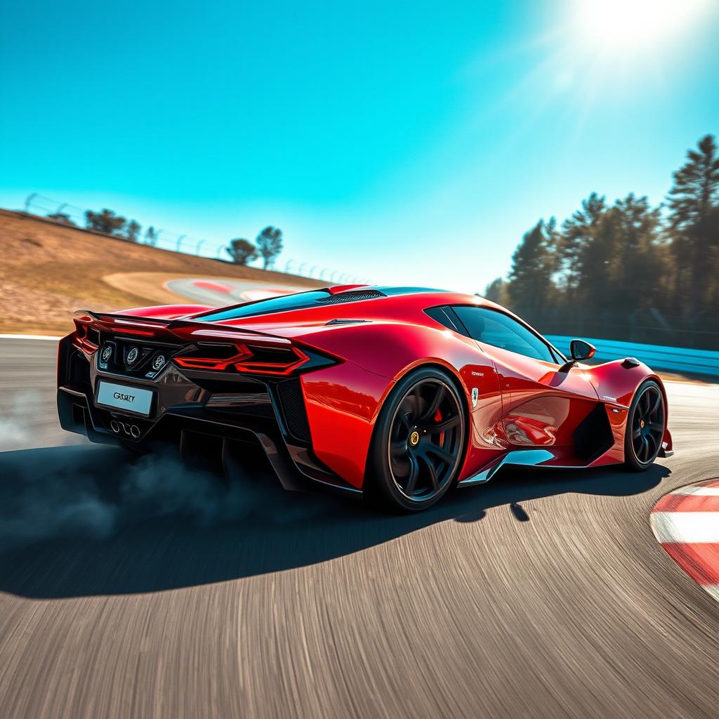 A futuristic hybrid vehicle merging the designs of LaFerrari, Corvette C8 Z06, and Alpine Alpenglow, inspired by WEC Hypercar aesthetics, captured as it approaches the apex of a race track