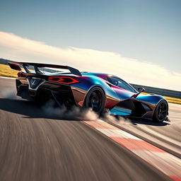 A futuristic hybrid vehicle merging the designs of LaFerrari, Corvette C8 Z06, and Alpine Alpenglow, inspired by WEC Hypercar aesthetics, captured as it approaches the apex of a race track