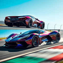 A futuristic hybrid vehicle merging the designs of LaFerrari, Corvette C8 Z06, and Alpine Alpenglow, inspired by WEC Hypercar aesthetics, captured as it approaches the apex of a race track