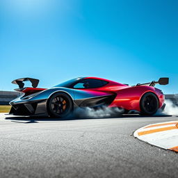 A futuristic hybrid vehicle merging the designs of LaFerrari, Corvette C8 Z06, and Alpine Alpenglow, inspired by WEC Hypercar aesthetics, captured as it approaches the apex of a race track