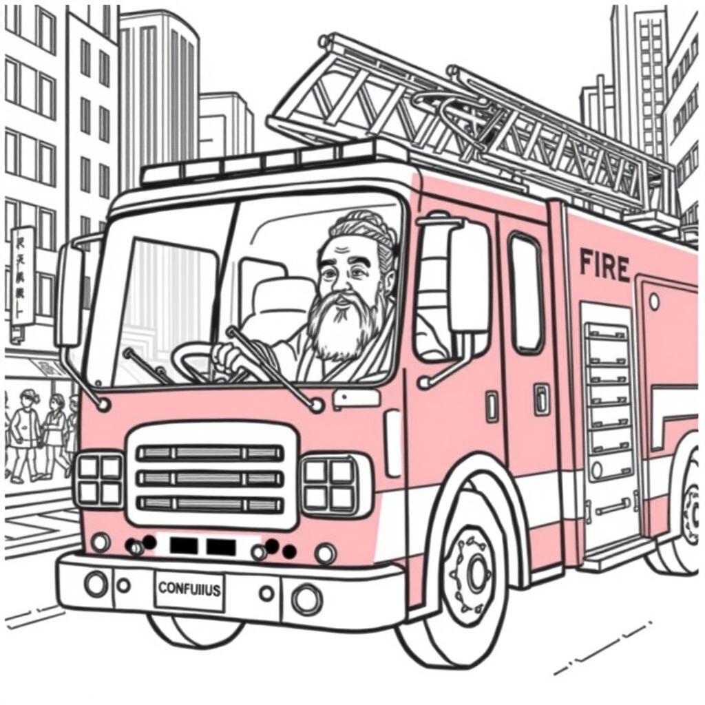 Confucius depicted driving a modern fire truck through an urban cityscape