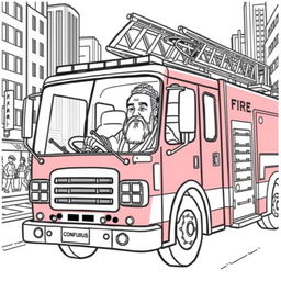 Confucius depicted driving a modern fire truck through an urban cityscape