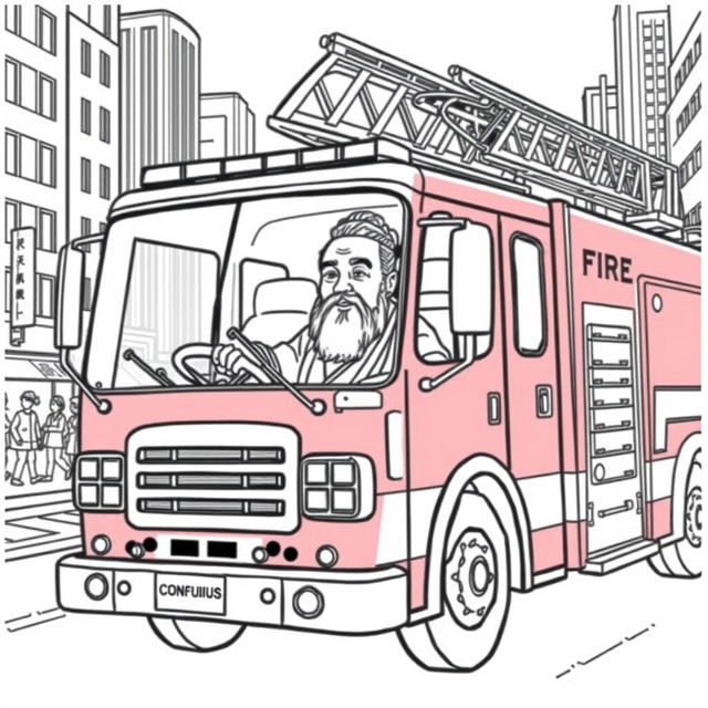 Confucius depicted driving a modern fire truck through an urban cityscape