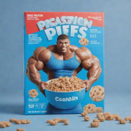 A blue cereal box showcasing an image of a muscular person as a mascot. In the center, there's a bowl filled with the cereal. The cereal is labeled as 'Protein Puffs'.