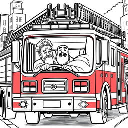 Confucius depicted driving a modern fire truck through an urban cityscape