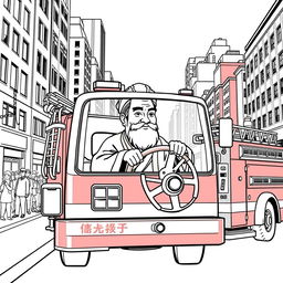 Confucius depicted driving a modern fire truck through an urban cityscape