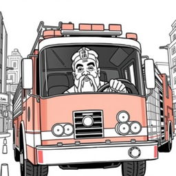 Confucius depicted driving a modern fire truck through an urban cityscape