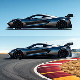 A cutting-edge fusion of Corvette C8 Z06 and Alpine Alpenglow design elements in a WEC Hypercar, captured as it navigates an apex on a race track under a bright blue sky