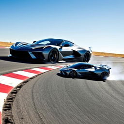 A cutting-edge fusion of Corvette C8 Z06 and Alpine Alpenglow design elements in a WEC Hypercar, captured as it navigates an apex on a race track under a bright blue sky