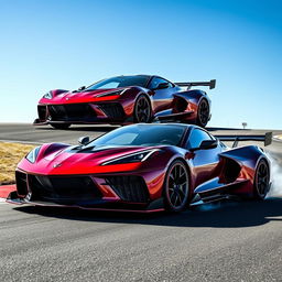 A cutting-edge fusion of Corvette C8 Z06 and Alpine Alpenglow design elements in a WEC Hypercar, captured as it navigates an apex on a race track under a bright blue sky