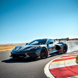 A cutting-edge fusion of Corvette C8 Z06 and Alpine Alpenglow design elements in a WEC Hypercar, captured as it navigates an apex on a race track under a bright blue sky