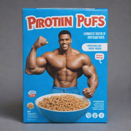 A blue cereal box showcasing an image of a muscular person as a mascot. In the center, there's a bowl filled with the cereal. The cereal is labeled as 'Protein Puffs'.