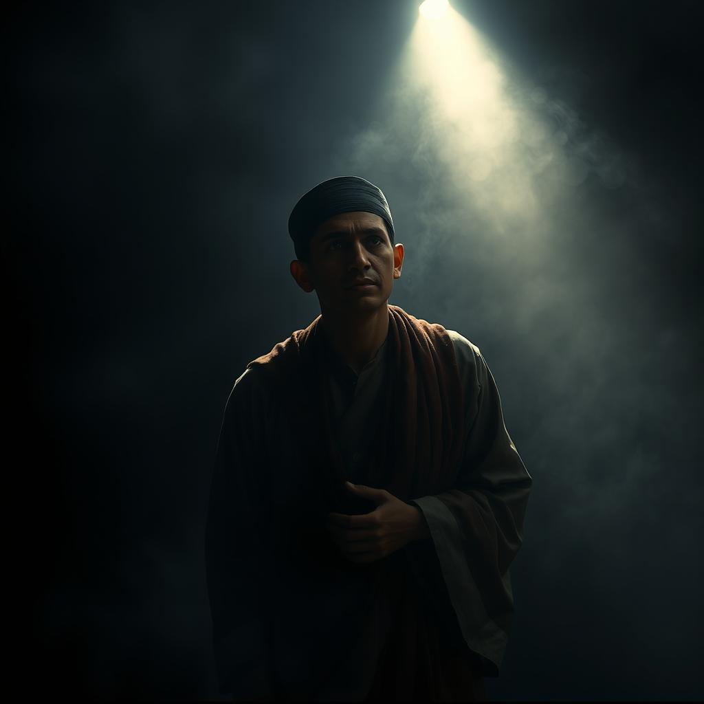 A dark, dramatic scene featuring an Asian character in traditional clothing engaged in the worship of idols and symbols other than Allah