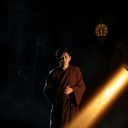 A dark, dramatic scene featuring an Asian character in traditional clothing engaged in the worship of idols and symbols other than Allah