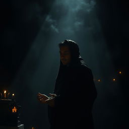 A dark, dramatic scene featuring an Asian character in traditional clothing engaged in the worship of idols and symbols other than Allah