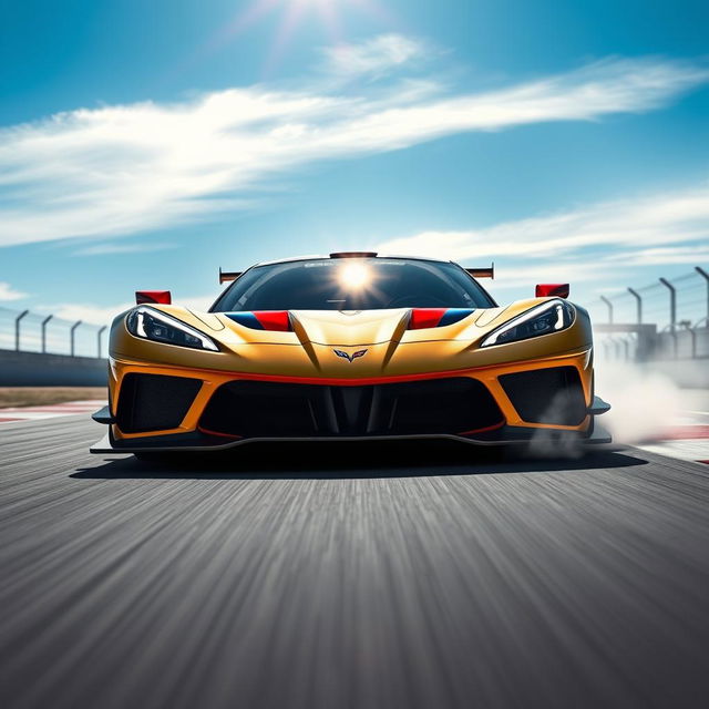 A stunning fusion of Corvette C8 Z06 and Alpine Alpenglow design elements as a WEC Hypercar, captured in a thrilling moment at the apex of a race track beneath a vibrant blue sky