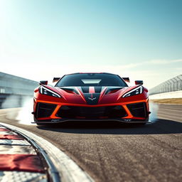 A stunning fusion of Corvette C8 Z06 and Alpine Alpenglow design elements as a WEC Hypercar, captured in a thrilling moment at the apex of a race track beneath a vibrant blue sky