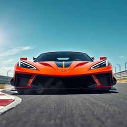 A stunning fusion of Corvette C8 Z06 and Alpine Alpenglow design elements as a WEC Hypercar, captured in a thrilling moment at the apex of a race track beneath a vibrant blue sky