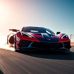 A stunning fusion of Corvette C8 Z06 and Alpine Alpenglow design elements as a WEC Hypercar, captured in a thrilling moment at the apex of a race track beneath a vibrant blue sky