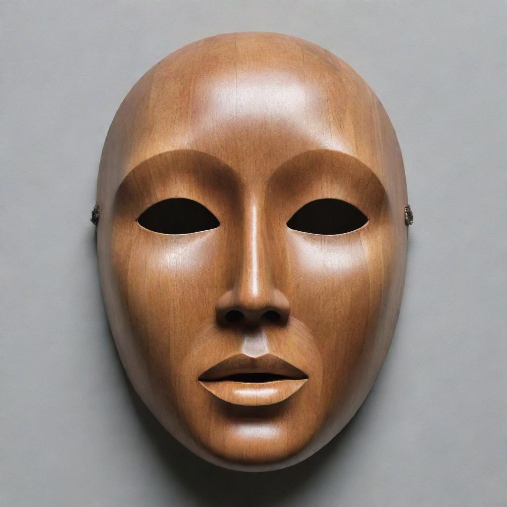 A facial mask sculpted from a flat surface of natural wood material, reflecting the unique patterns and grains of the wood.