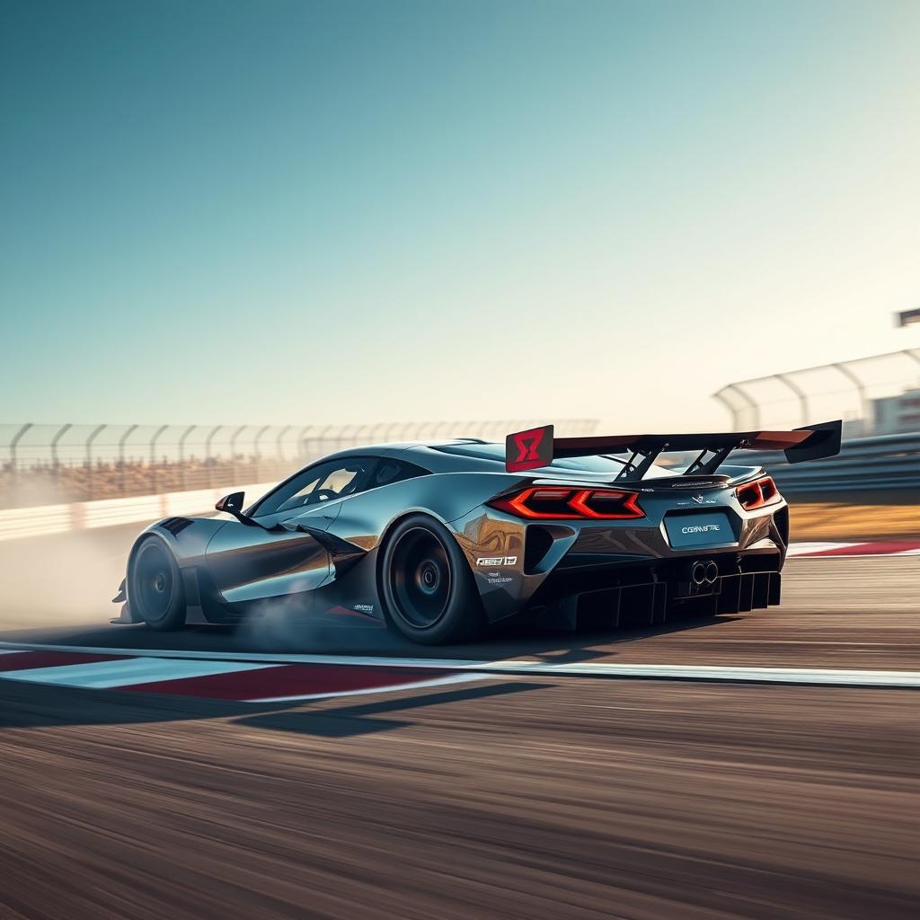 A masterful blend of Corvette C8 Z06 and Alpine Alpenglow design elements in the form of a WEC Hypercar, captured in action at the apex of a race track beneath a clear blue sky