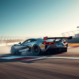 A masterful blend of Corvette C8 Z06 and Alpine Alpenglow design elements in the form of a WEC Hypercar, captured in action at the apex of a race track beneath a clear blue sky