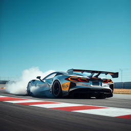 A masterful blend of Corvette C8 Z06 and Alpine Alpenglow design elements in the form of a WEC Hypercar, captured in action at the apex of a race track beneath a clear blue sky