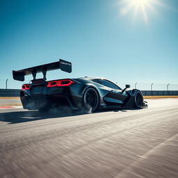 A masterful blend of Corvette C8 Z06 and Alpine Alpenglow design elements in the form of a WEC Hypercar, captured in action at the apex of a race track beneath a clear blue sky