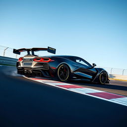 A masterful blend of Corvette C8 Z06 and Alpine Alpenglow design elements in the form of a WEC Hypercar, captured in action at the apex of a race track beneath a clear blue sky