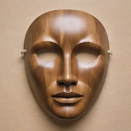 A facial mask sculpted from a flat surface of natural wood material, reflecting the unique patterns and grains of the wood.