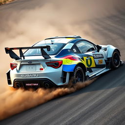 A 2022 Subaru BRZ transformed into a high-performance rally car, displaying a rugged and dynamic presence on the track