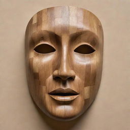 A facial mask sculpted from a flat surface of natural wood material, reflecting the unique patterns and grains of the wood.