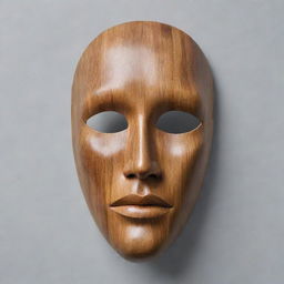 A facial mask sculpted from a flat surface of natural wood material, reflecting the unique patterns and grains of the wood.