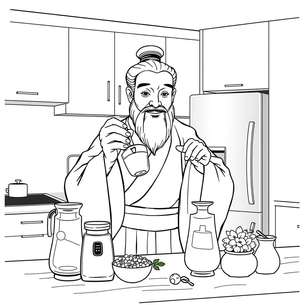 Confucius depicted in a modern kitchen, preparing a drink with a serene expression