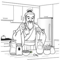 Confucius depicted in a modern kitchen, preparing a drink with a serene expression