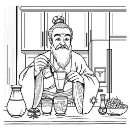 Confucius depicted in a modern kitchen, preparing a drink with a serene expression