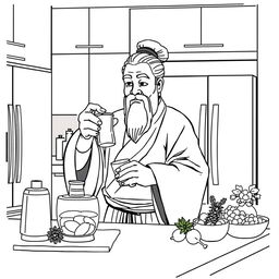 Confucius depicted in a modern kitchen, preparing a drink with a serene expression