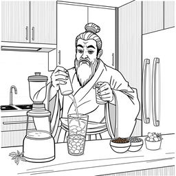 Confucius depicted in a modern kitchen, preparing a drink with a serene expression