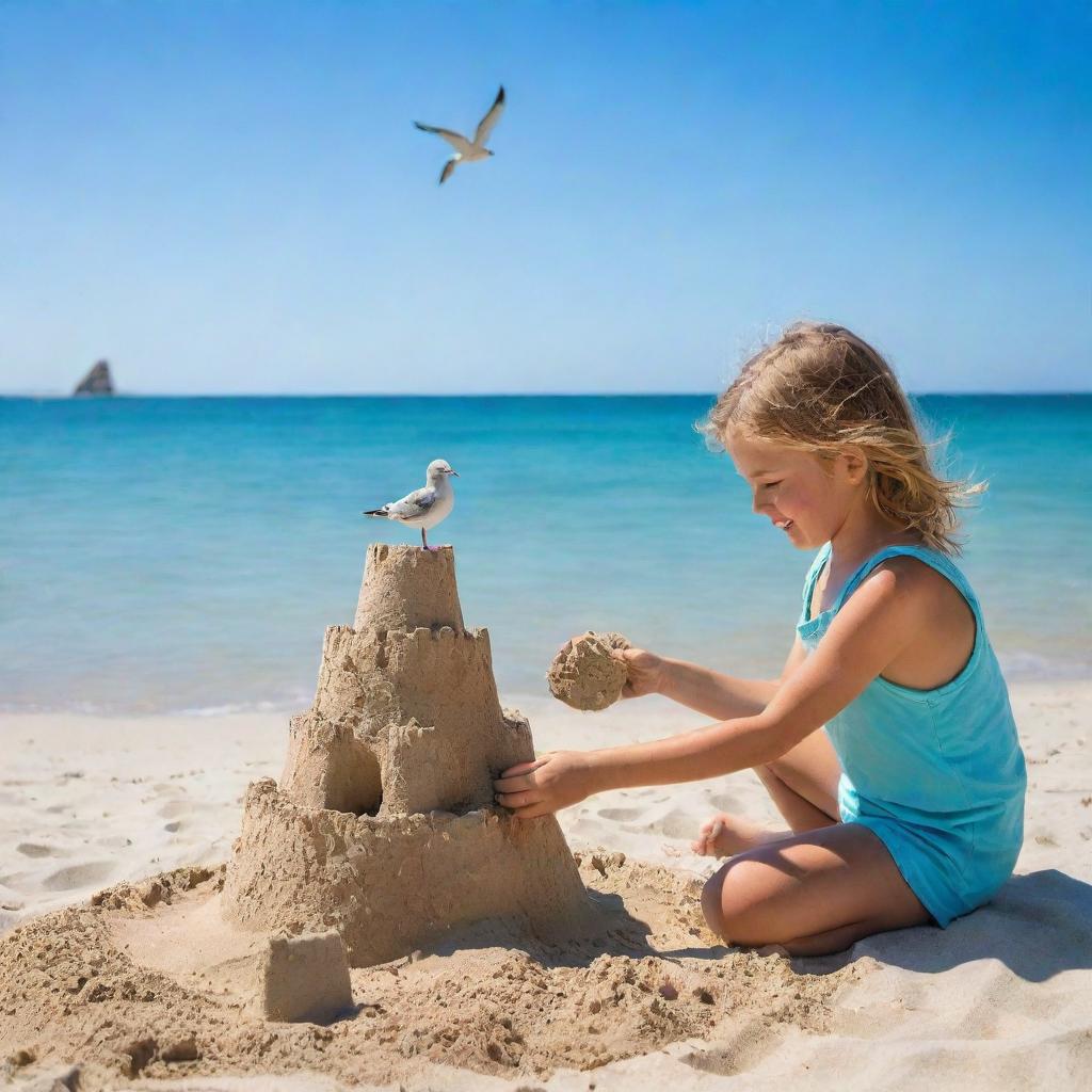 A young girl enjoying a sunny day at the beach, building a sand castle near the turquoise sea, with seagulls flying in the clear blue sky.