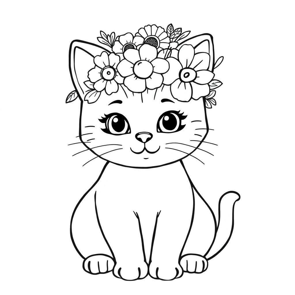 An adorable cat outline drawing designed for coloring, featuring a crown of flowers on its head