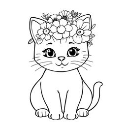 An adorable cat outline drawing designed for coloring, featuring a crown of flowers on its head