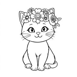 An adorable cat outline drawing designed for coloring, featuring a crown of flowers on its head