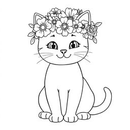 An adorable cat outline drawing designed for coloring, featuring a crown of flowers on its head